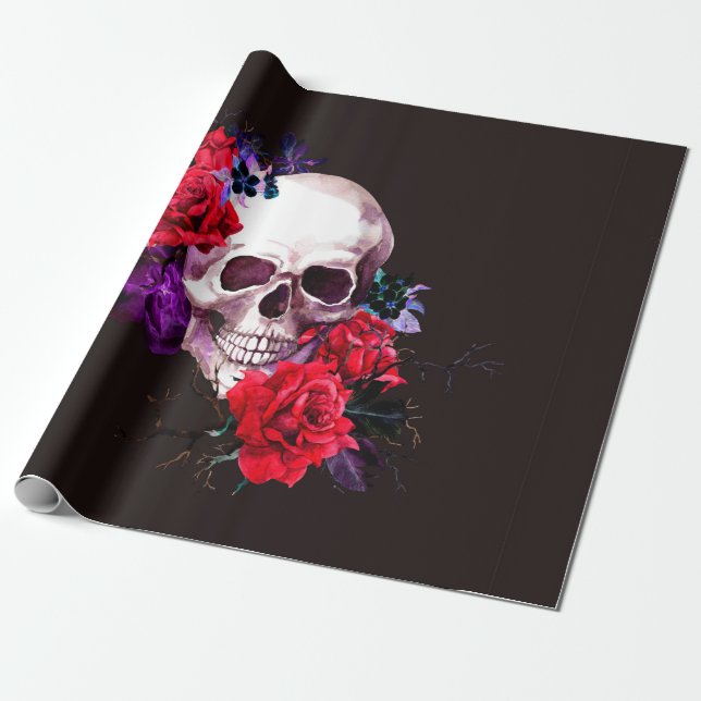 Skull med mörk blommor grenar och röd ros hav presentpapper (Utrullad)