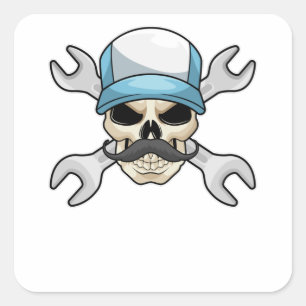 Skull med mustache & Wrench Fyrkantigt Klistermärke
