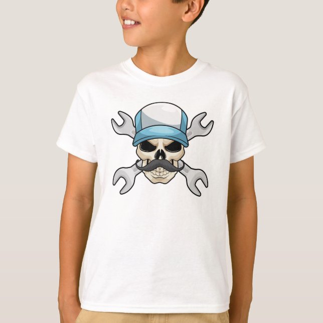 Skull med mustache & Wrench T Shirt (Framsida)