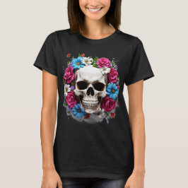 Skull med Red White och Blåa blommor T Shirt