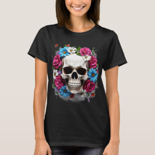 Skull med Red White och Blåa blommor T Shirt