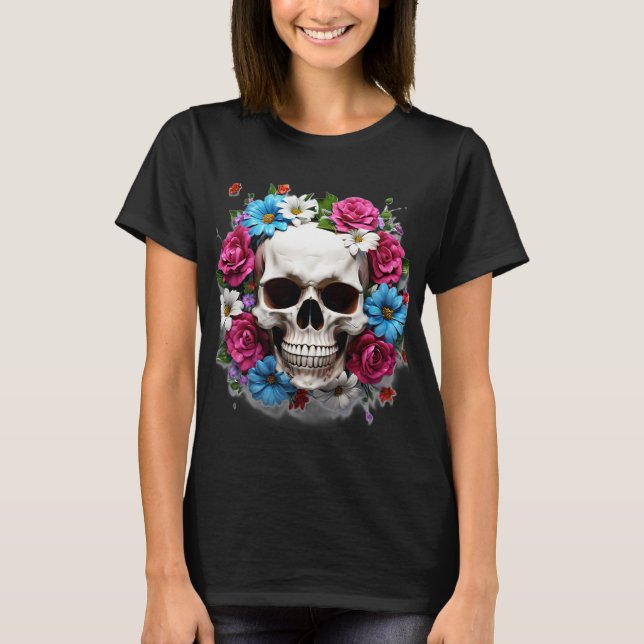 Skull med Red White och Blåa blommor T Shirt (Framsida)