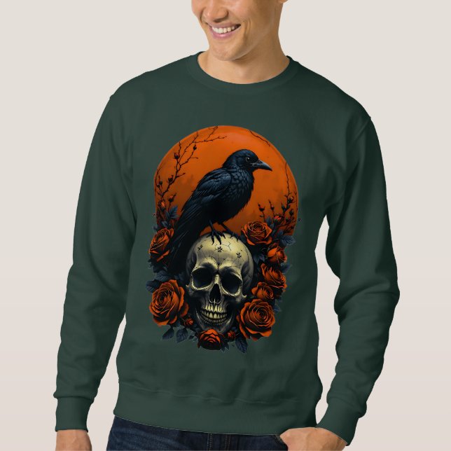 Skull med Ro & Kråka gotiic T-Shirt Lång Ärmad Tröja (Framsida)