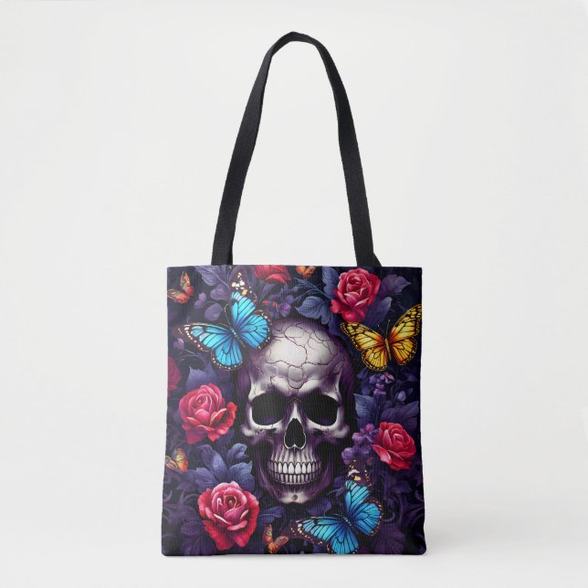 Skull med Ro och Butterflies Goth Tygkasse (Framsida)