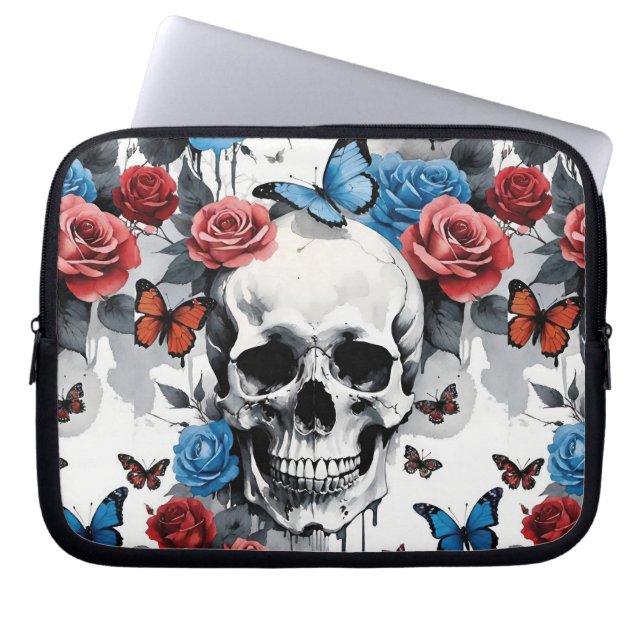 Skull med Ro och fjärilar i rött och blått Laptop Fodral (Framsidan)