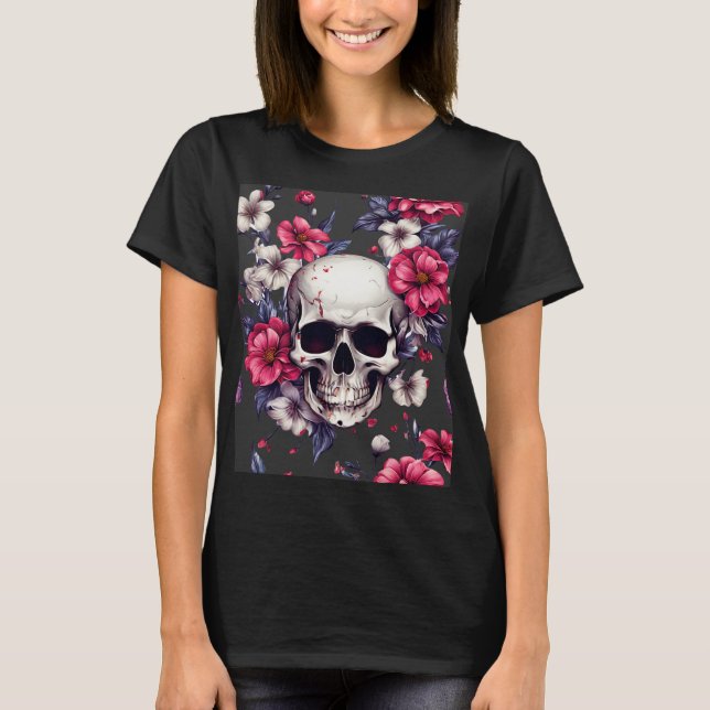 Skull med röda blommor t shirt (Framsida)