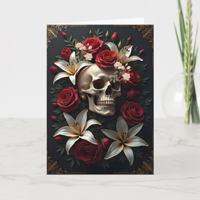 Skull med röda och vita blommor Födelsedag Kort (Framsida)