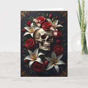 Skull med röda och vita blommor Födelsedag Kort