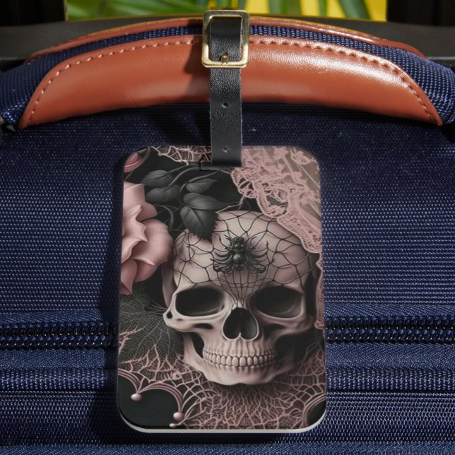 Skull med Rosa Snöre och mjuk Rosa Flower Bagagebricka (Framsida Insitu 2)