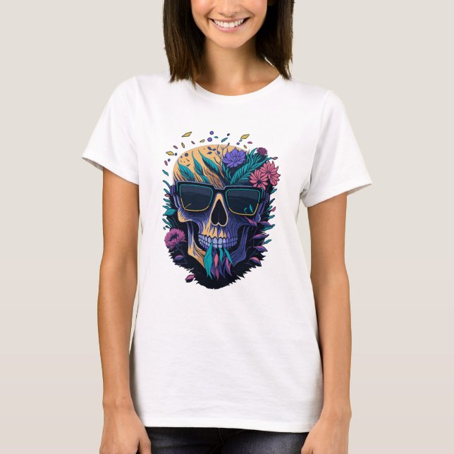 Skull med solglasögon och blommor t shirt (Framsida)