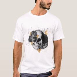 Skull med svart blomma och guld löv gotiic t shirt