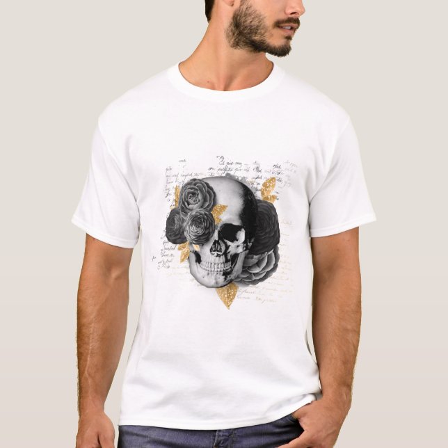 Skull med svart blomma och guld löv gotiic t shirt (Framsida)