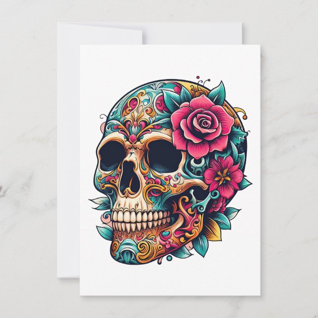 Skull med tatueringar och blommor julkort (Framsida)