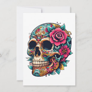 Skull med tatueringar och blommor julkort