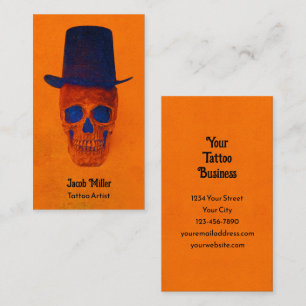 Skull med Top hat Bruten Orange Blue Tattoo Artist Visitkort