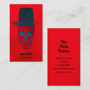 Skull med Top hat Gothic Red Blue Grunge Visitkort