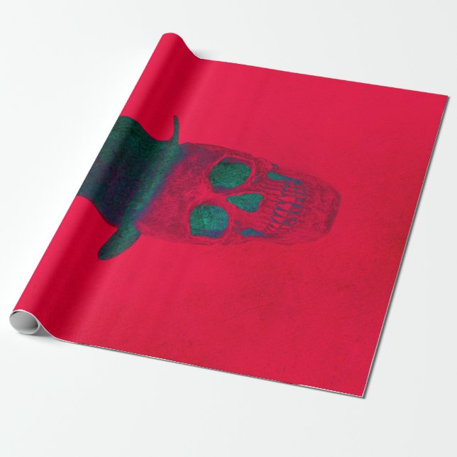 Skull med Top hat Red Grönt Halloween-jul Presentpapper (Utrullad)