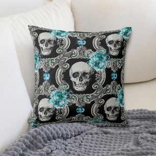 Skull Mönster Blue-Blommigt Kudde