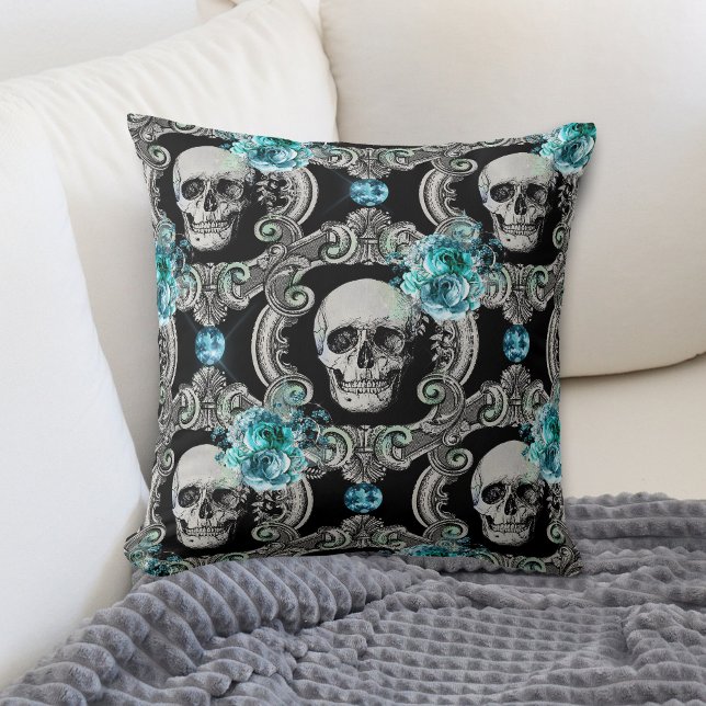 Skull Mönster Blue-Blommigt Kudde (Skapare uppladdad)
