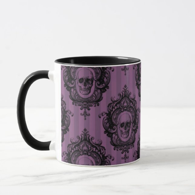 Skull Mönster på Lila Lodrät Rand Halloween Mugg (Vänster)