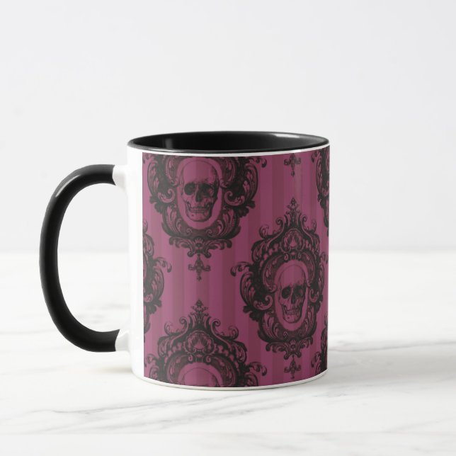 Skull Mönster på Rosa Lodrät Rand Halloween Mugg (Vänster)
