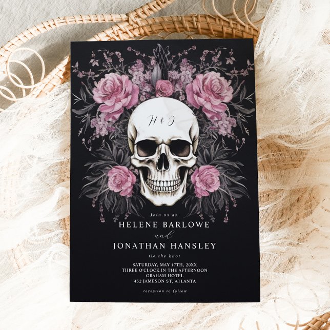 Skull Mörk Moody Blommigt gotiic Bröllop Inbjudningar (Skull Dark Moody Floral Gothic Wedding Invitation)