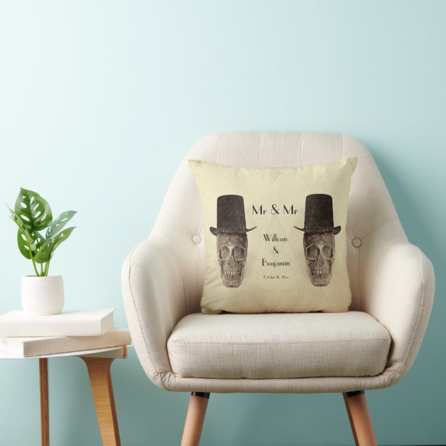 Skull, mr och Vintage Retro Sepia Bröllop Kudde (Stol)