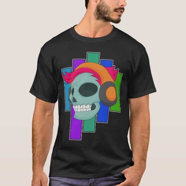 Skull Musician Headphone Music T Shirt (Framsida)