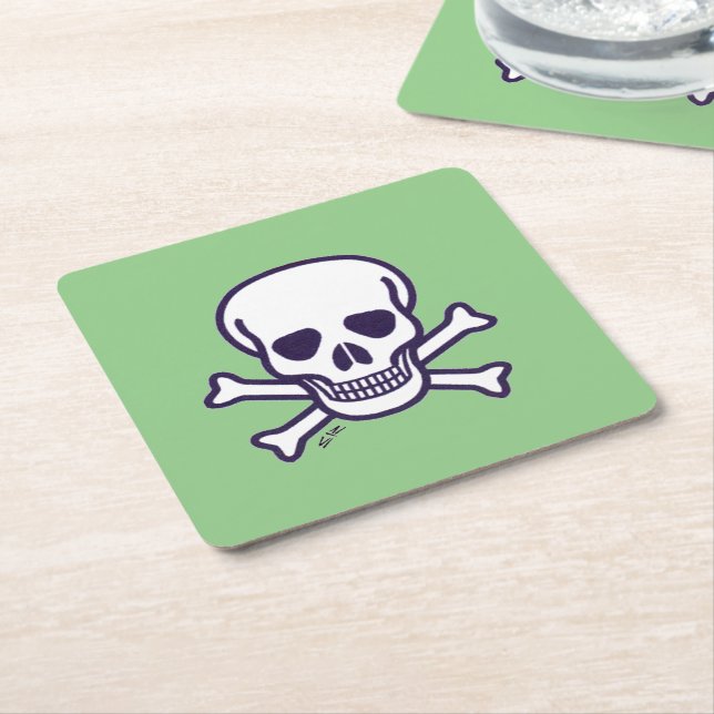 Skull n Bones white grönt papper sq Drycker Underlägg Papper Kvadrat (Vinklad)