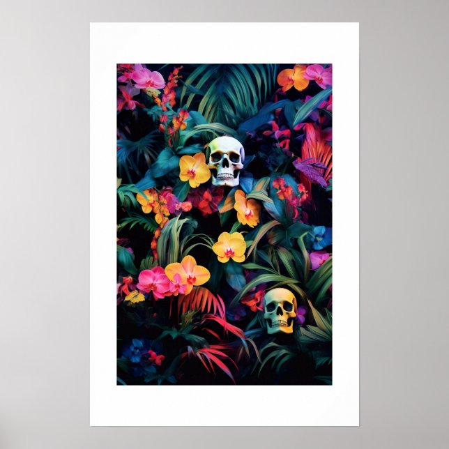Skull Neon Jungle | Orchid Flowers Poster (Framsidan)