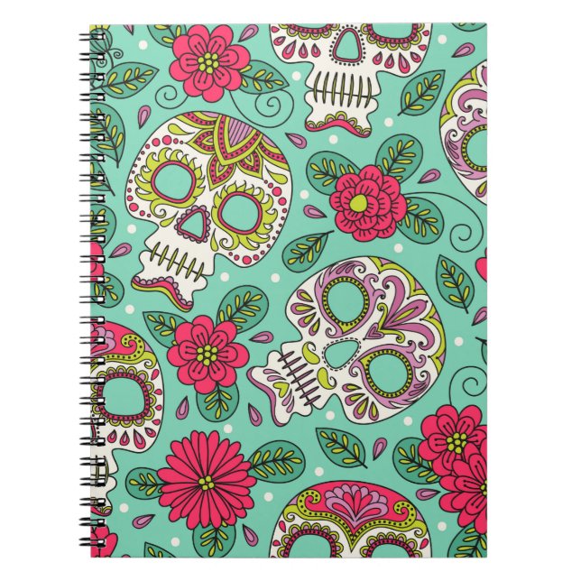 Skull och blommor. Sömlös bakgrund. Mexikansk da Anteckningsbok (Framsidan)