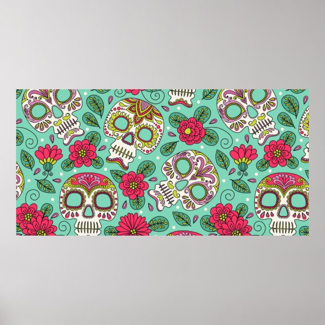 Skull och blommor. Sömlös bakgrund. Mexikansk da Poster (Framsidan)
