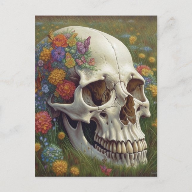 Skull- och blomstervykort i gräs vykort (Framsida)