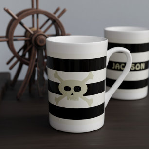 Skull och Crossbone Pirat Black White Rand Benporslin Mugg