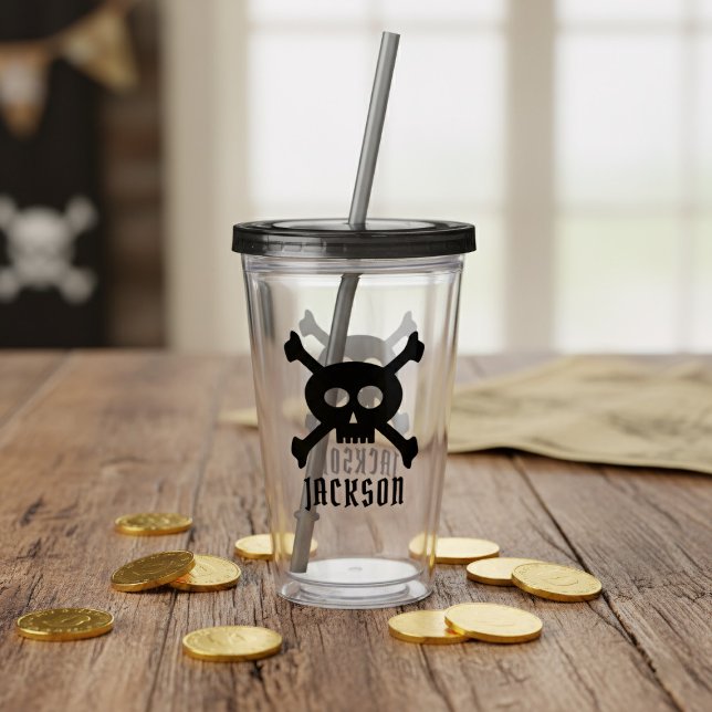 Skull och Crossbone Pirat Namn Akryltumbler Take Away Mugg (Add yer pirate name!)