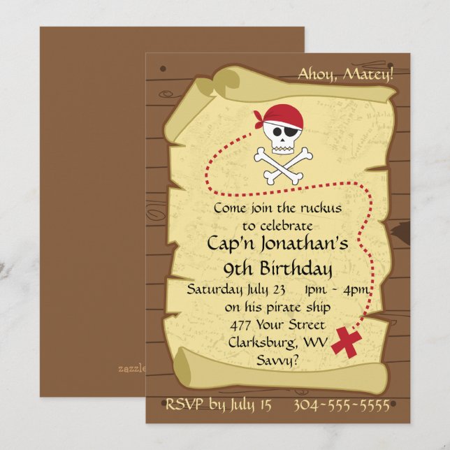 Skull och Crossbone Pirat Treasure Karta födelseda Inbjudningar (Fram/baksida)