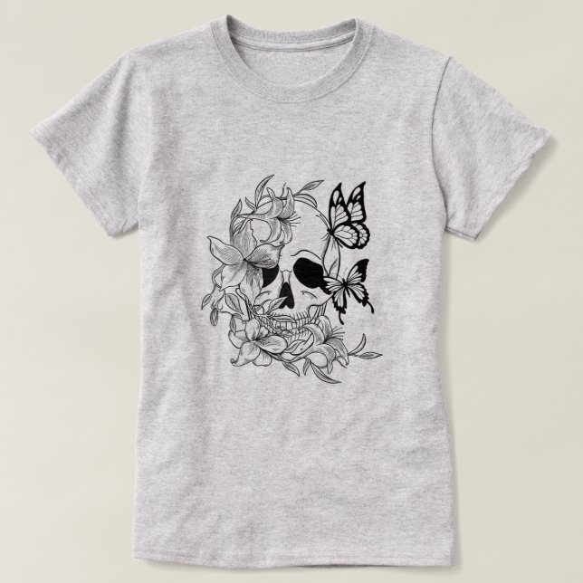Skull- och fjärosdesign med Blommigt Inslag T Shirt (Design framsida)