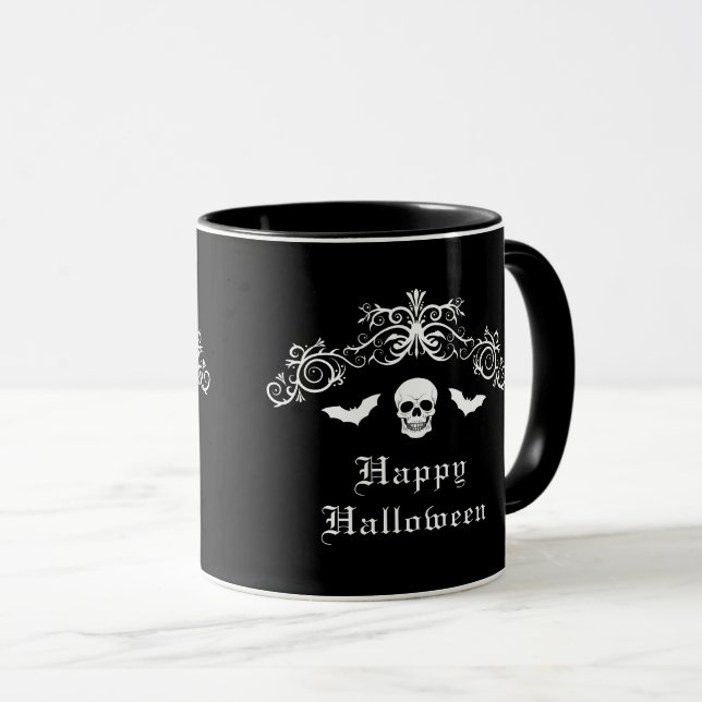 Skull och Fladdermus gotiic Happy halloween Black Mugg (Framsida höger)