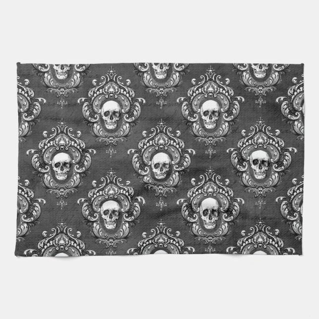 Skull och Grått Gothic Kökshandduk (Horisontell)