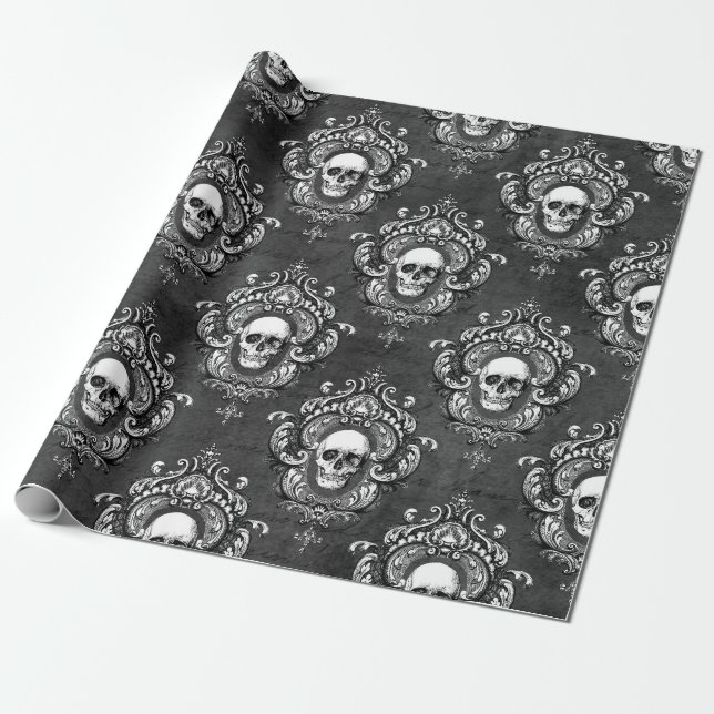 Skull och Grått Gothic Presentpapper (Utrullad)