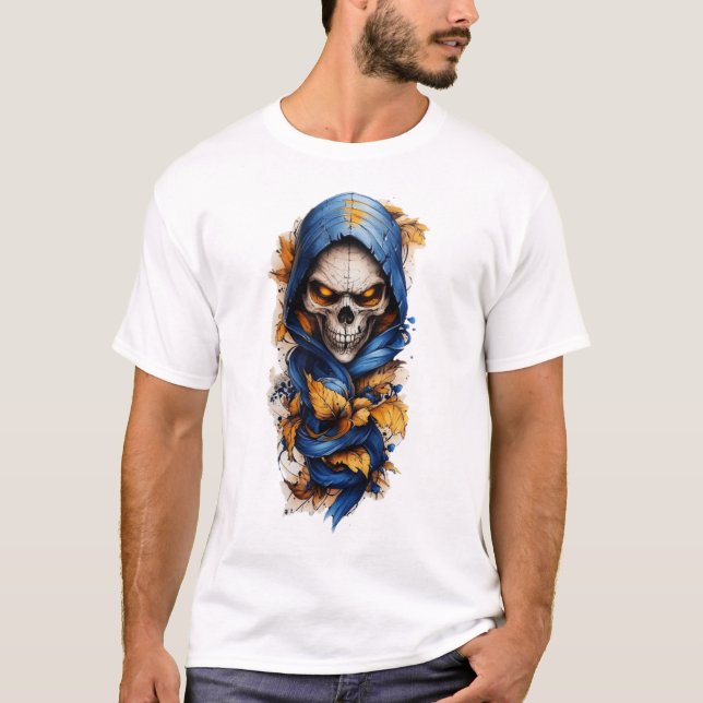 Skull och Höst löv Tattoo Stil T-Shirt (Framsida)