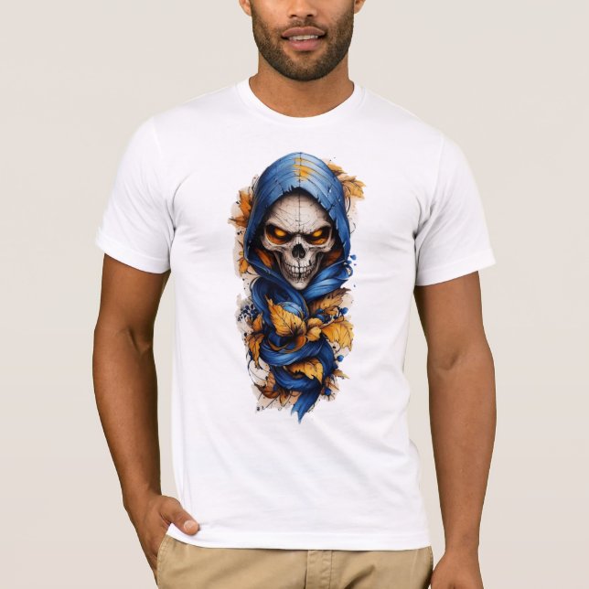 Skull och Höst löv Tattoo Stil T-Shirt (Framsida)