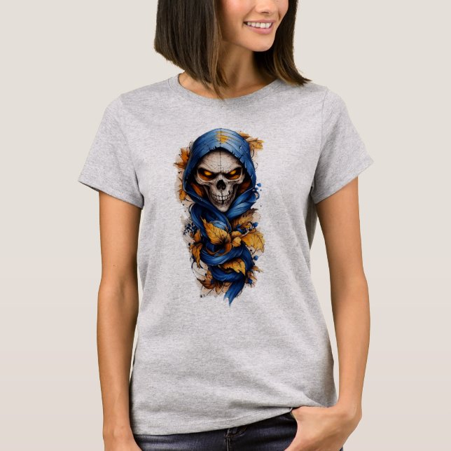 Skull och Höst löv Tattoo Stil T-Shirt (Framsida)