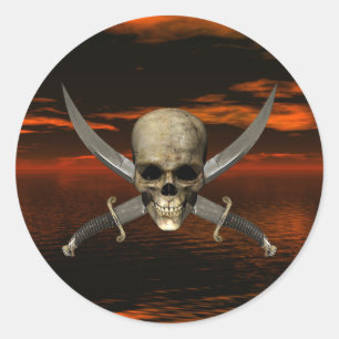 Skull och korsade svärd med Röda Himlar-bakgrund 1 Runt Klistermärke