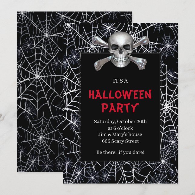 Skull och korsben Vit kobwebb Halloween fest Inbjudningar (Fram/baksida)