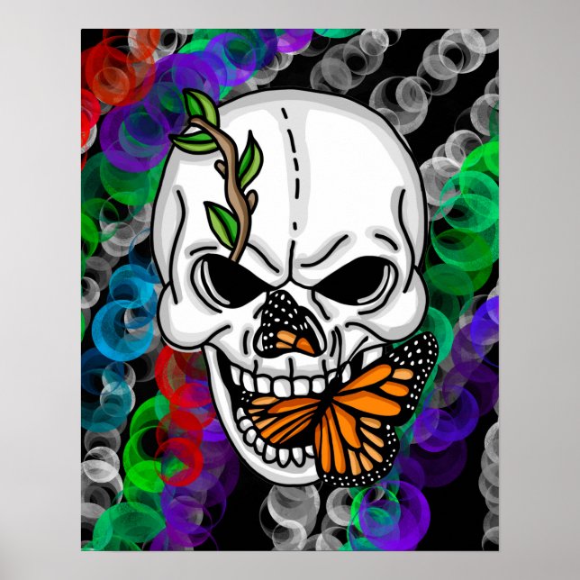 Skull och Monarch Butterfly Digital Art Poster (Framsidan)
