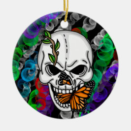 Skull och Monarch Butterfly-jul eller Halloween Julgransprydnad Keramik