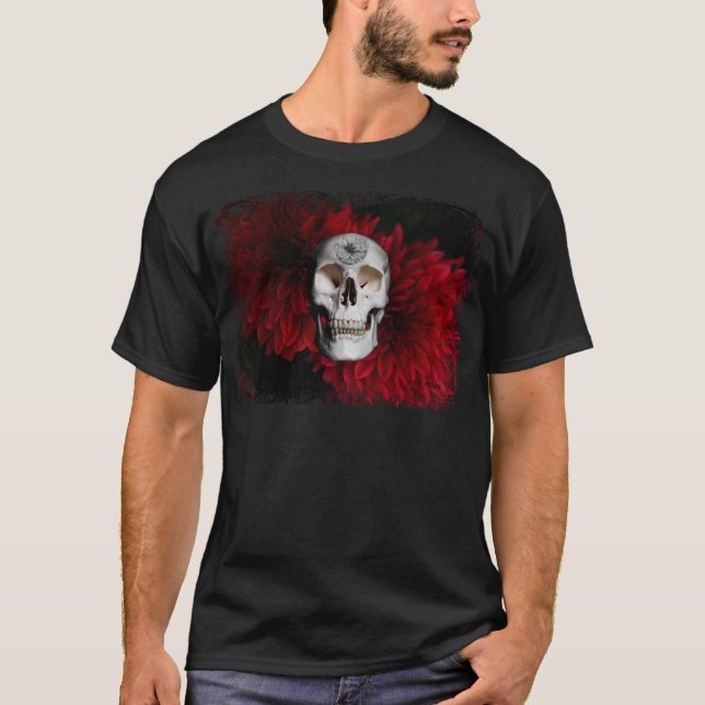 Skull och Red Dahlia med Original Dahlia Teckning T Shirt (Framsida)