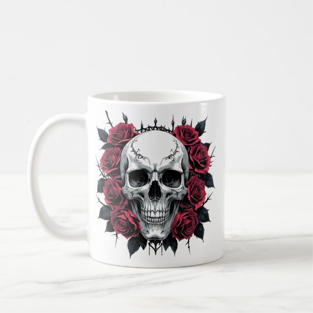 Skull och Ro gotiic Mugg | Mörk Blommigt Skeleton (Vänster)