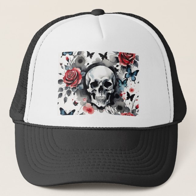 Skull och Ro och Butterflies Watercolor Keps (Framsida)